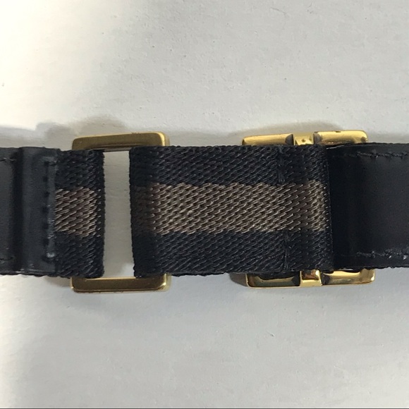 Authentic Gucci Woven Web and Leather Black & Chocolate Brown Logo Stripe Belt - Picture 14 of 16